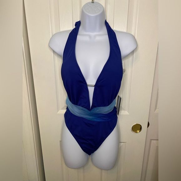 Kenneth Cole New York Swim | Halter Plunge Mio One Piece Size Large Navy Blue - Picture 1 of 11
